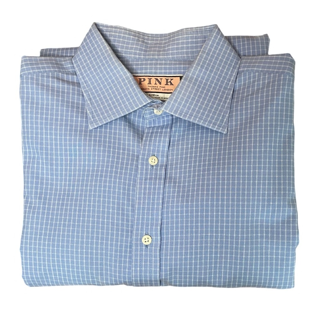 Thomas Pink Blue & White Check Button-Down Dress Shirt. French Cuff Sz 16.5-36.5